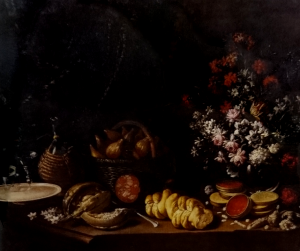 Natura morta con fiori, fichi, melone, pane... met&agrave; XVII sec. Pier Francesco Cittadini olio su tela